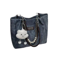 SH0089 Sac Fourre-Tout Étudiant de Style Coréen Grande Contenance Simple Bandoulière Décoration Chaînes Sac à Main Scolaire Tendance Deux Poignées Polyester