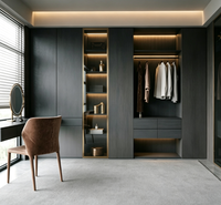 Dressing moderne gris foncé avec armoire intégrée, éclairage LED, coiffeuse et meuble de rangement sur mesure pour chambre à coucher