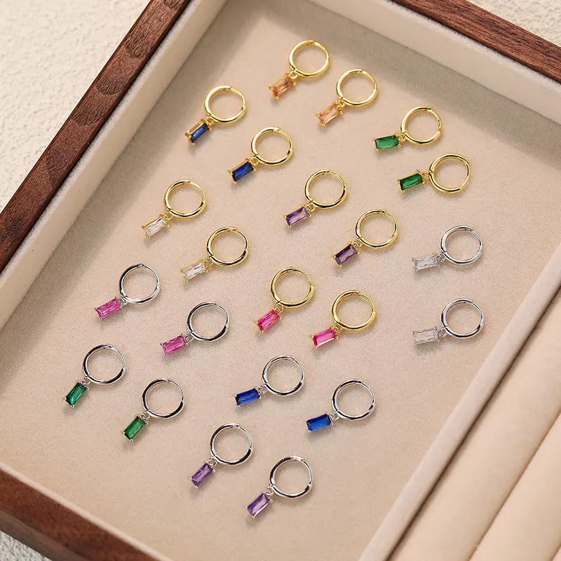 Orecchini pendenti multicolore in argento 925 placcato oro smeraldo taglio Baguette zircone orecchini a cerchio