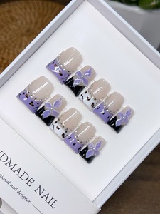 Unghie Finte Quadrate Press-On Fatte a Mano, Nere con Fiocco Francese, Stile Europeo/Americano, Eleganti e di Alta Qualità per Ragazze, Nail Art di Classe - Product Image 4