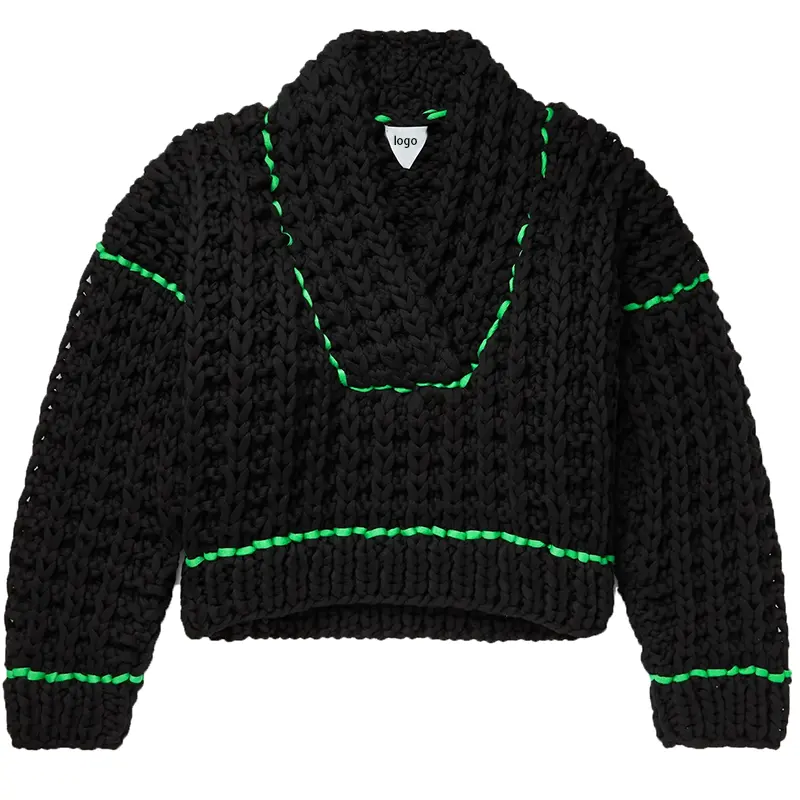 Fashion Design New Winter Wear Warm Black and Green Waffle-Knit Contrast Sweater Oversized Sweater Knit Sweater for Men