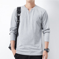 T-shirt basique pour homme à col en V et manches longues, coupe ample, en coton, à deux boutons, pour grandes tailles, vente en gros