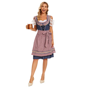 Yi Xiaoyi Dirndl Dress Set Women Traditional Bavarian Costume <b>Red</b> Checkered Apron Style Beer Festival Outfit Adult Size - Product Image 4