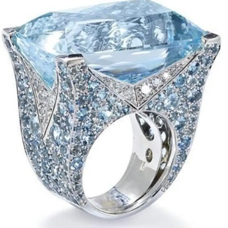 2024 Groothandel Shanghai Nieuwe Producten Staten Overdreven Atmosferische Retro Klassieke Diamanten Set Vrouwelijke Blauwe Vierkante Ring