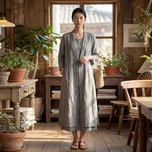 Abito Lungo Estivo da Donna in Lino 100% Grigio Chiaro Naturale, Stile Casual, Traspirante <span class=keywords><strong>e</strong></span> a Tinta Unita - Product Image 3