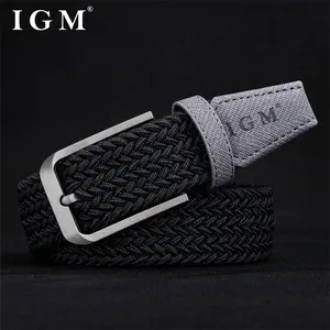 Elastic Belt IGM Custom Logo Men's Black Adjustable Braided Stretch Leather End Tip Elastic Stretch Belt
