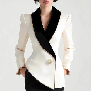 Elegante <span class=keywords><strong>Blazer</strong></span> Asimmetrico Bianco <span class=keywords><strong>con</strong></span> Risvolti Neri a Contrasto, Maniche Lunghe, <span class=keywords><strong>Blazer</strong></span> Slim da Donna, Giacca <span class=keywords><strong>Blazer</strong></span> Femminile - Product Image 1