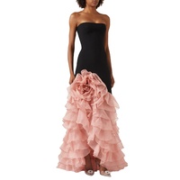 Gaun Chiffon A-Line Hitam Pink Elegan dengan Hiasan Bunga 3D, Ruffle Bertingkat, Pinggang Alami, Panjang Lantai, Tanpa Tali, Off-the-Shoulder, untuk Musim Panas