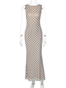 Elegante Vestido Maxi de Lunares con Cuello Redondo, Ajustado, Sin Mangas, Cintura Natural, Dobladillo Recto, Vestido de Fiesta de Verano - Product Image 2