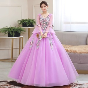 Purple Chiffon Ball Gown Scoop Neck Empire Waist Floral Print Long Evening Dress For Women - Product Image 1