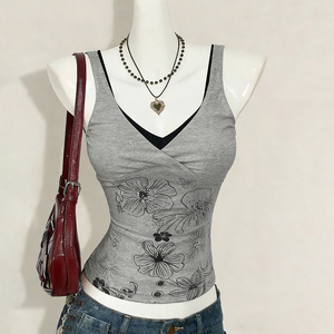 Débardeur tricoté respirant à imprimé floral Y2K, effet deux pièces, coupe ajustée contrastante sans manches pour femme - Product Image 5