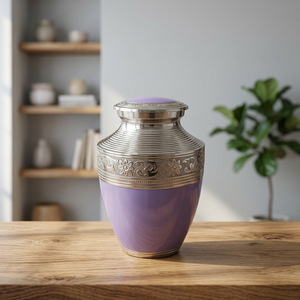 Urne funéraire en argent avec finition violette, motif de bande ornementale, capacité de 220 pouces cubes, designs personnalisables pour adultes - Product Image 1