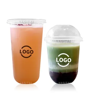 Taza de café transparente con logotipo personalizado, vaso de plástico desechable en forma de U con tapa de pp, 16oz