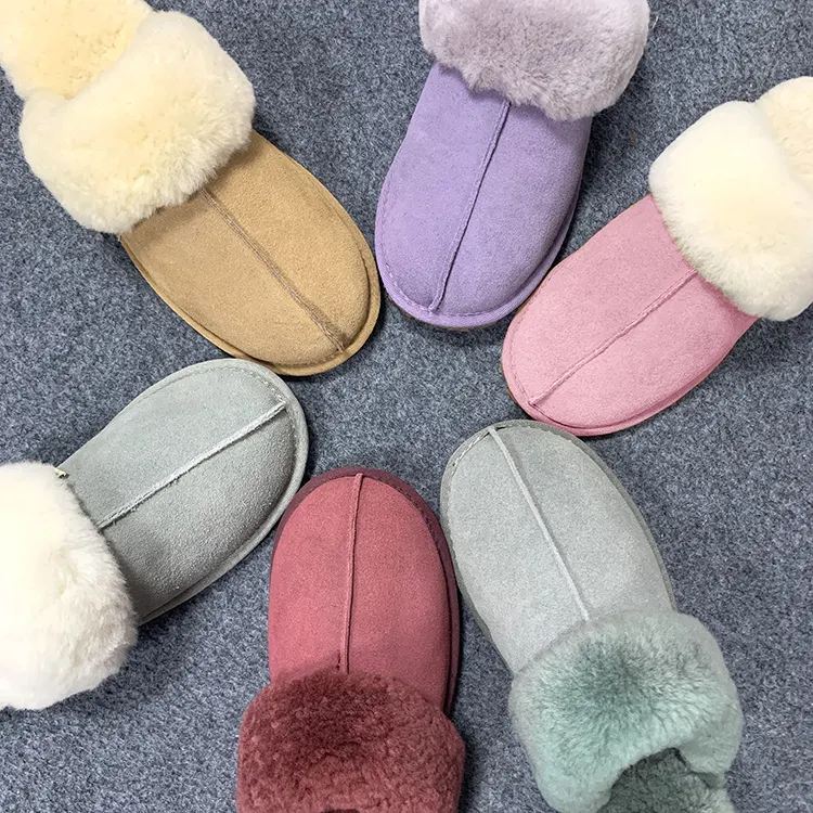 Customized Warm Cow Suede Leather Flat Indoor Outdoor Winter Fluffy Sheepskin House Shearling Slippers Women
