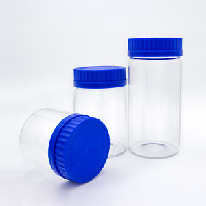 ขวดแก้วทรงกระบอกปากกว้างเกรดห้องปฏิบัติการ - ฝาปิดสีน้ำเงินใส - Product Image 1