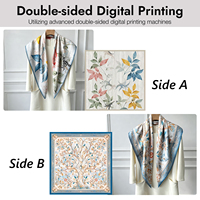 Écharpe en soie sergé personnalisée, motif floral bleu clair, ourlet roulotté à la main, impression double face, faible MOQ, OEM ODM, idéale pour les petites séries