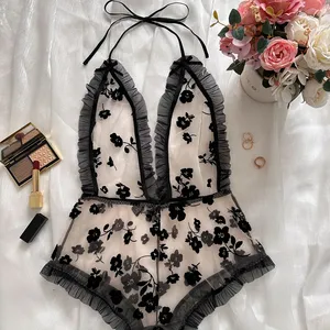 Fornecedores por atacado Feminino Private Label Teddy Bodysuit Lingerie Mulheres Lace Bordado Preto Suspensórios One-Piece Sexy Pijama