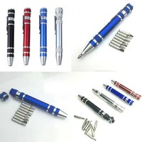 Tournevis de poche multifonction 8-en-1 avec finition chromée, tête de couteau en acier au chrome-vanadium, style stylo, 8 embouts