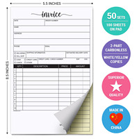 Carnet de factures autocopiantes personnalisé 5,5x8,5 pouces, 2 feuillets, 50 jeux, pour bons de commande et reçus de vente, impression pour petites entreprises