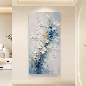 Peinture à l'huile florale peinte à la main, style crème moderne, texture épaisse bleue, art décoratif pour entrée, décoration murale sans cadre - Product Image 2