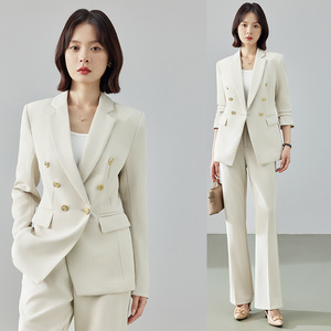 Women's Cream Double-Breasted Suit Set With Gold Buttons Anti-Wrinkle Wool Blend For Commute And Job Interviews - Product Image 1