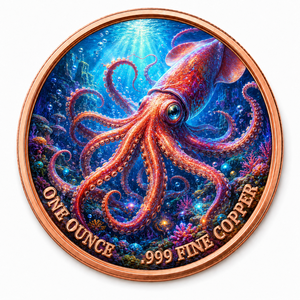 Moneta Personalizzata in Rame Puro .999 da 1oz, Stampa UV di Calamaro Gigante, Collezione Fauna Marina, Produzione OEM - Product Image 1