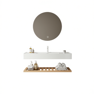 Meuble-lavabo mural flottant blanc rectangulaire en acrylique avec vasque intégrée et bois naturel 48 po - Product Image 1