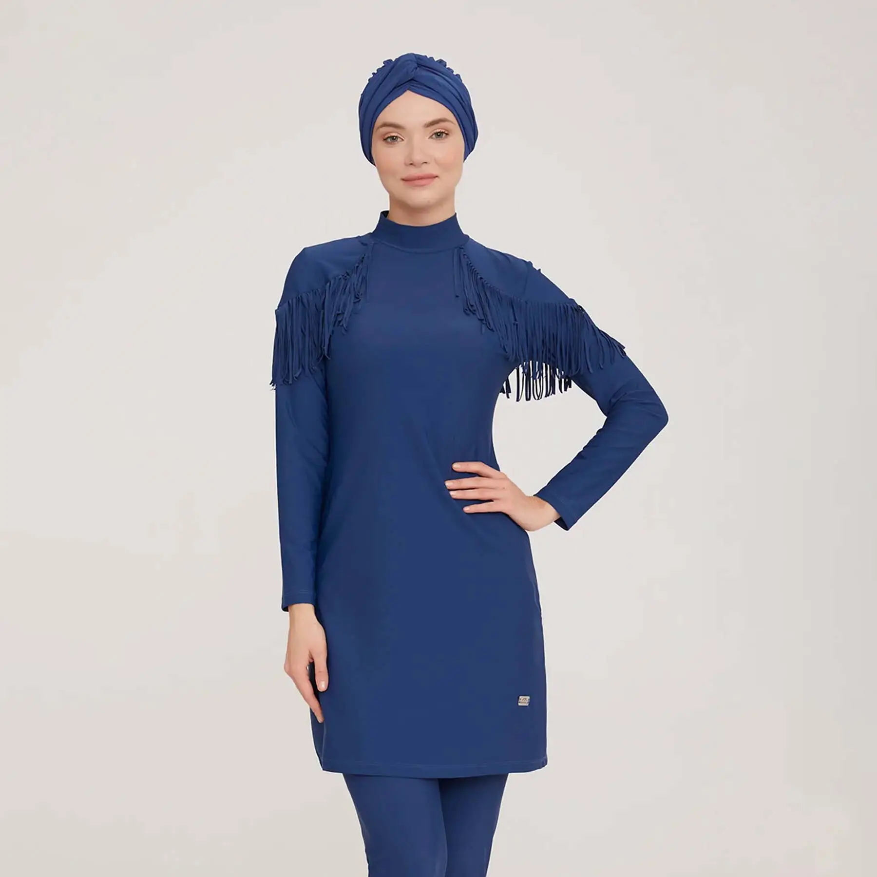 Aschulman 2023 vendita calda ragazza personalizzata manica lunga Casual pianura blu Navy Burkini costumi da bagno musulmani donne