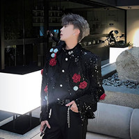 Veste Courte Noire BIG Wisdom pour Homme, Robuste, à Paillettes, Motif Floral Tridimensionnel, Design Original, Costume de Scène à Paillettes