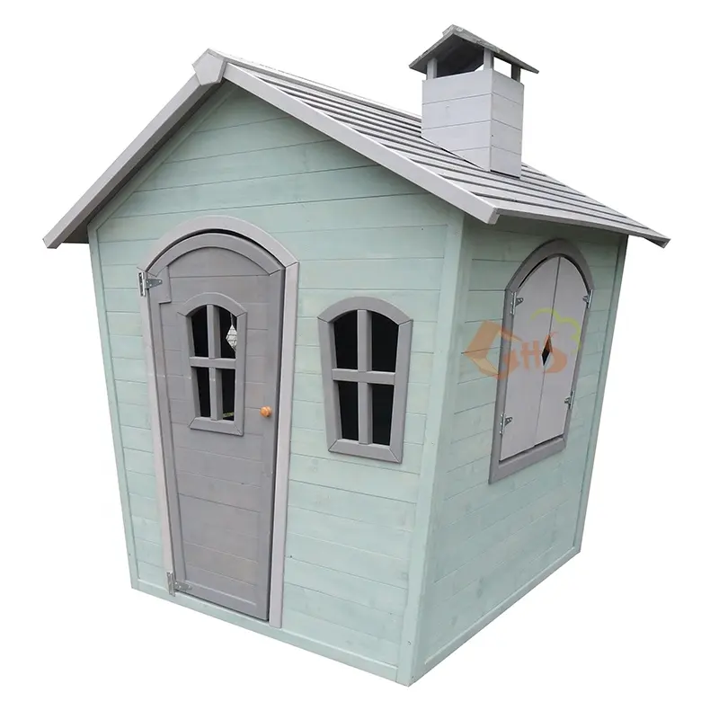 Casa de madera para niños, casa de juegos con chimenea para exteriores, con tratamiento de presión natural, caja de cartón para todas las estaciones