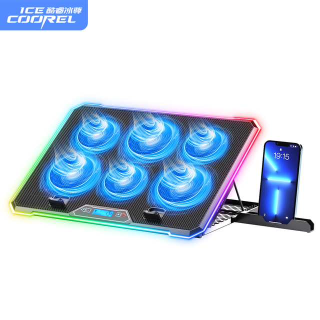 Gaming Laptop Cooler Metal & Plastic RGB Light Adjustable Height 6-Level Fan Speed with LCD Screen up to 17'' Inch
