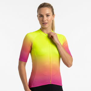 Maillot de Ciclismo Degradado para Mujer, Manga Corta, Amarillo Neón a Rosa, Cierre Completo, Ropa para Bicicleta de Carretera - Product Image 1
