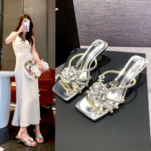 Sandales mules à chaîne en strass pour femmes, bout carré ouvert, talon évasé, à enfiler, chaussures d'été tendance - Product Image 2