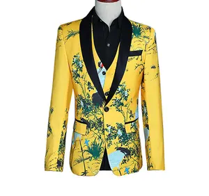 Новый индивидуальный мужской костюм, жилет, комплект из трех предметов, желтый смокинг с принтом