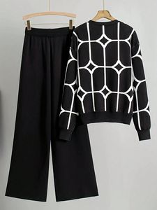 Fall Women's Jacquard V-Neck <b>Cardigan</b> <b>Sweater</b> & Long Pants Stylish Knit 2-Piece Set Fashion - Product Image 5