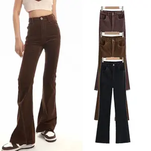 2023 dames nouvelle collection pantalon évasé long en velours côtelé taille haute serré et simple