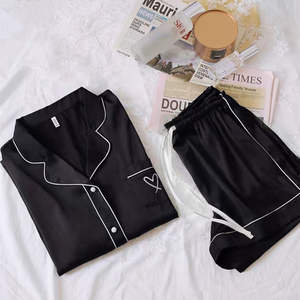 Pyjama d'été à manches courtes en satin imprimé pour femmes <span class=keywords><strong>ensemble</strong></span> deux pièces à col en v séchage rapide lisse glace soie mince lâche maison vêtements costume - Product Image 4