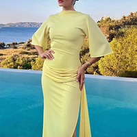 Maßgeschneidertes Damen Sexy Rückenfreies Ausgeschnittenes Langes Kleid Frühling O-Ausschnitt Figurbetont Mehrlagiges Plissiertes Kleid Halbe Ärmel Einfarbig Geschlitztes Partykleid