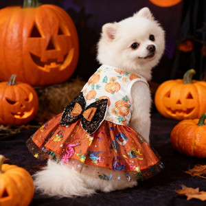 Vêtements d'Halloween pour Animaux de Compagnie Chiot <span class=keywords><strong>Chien</strong></span> Robe en Tulle <span class=keywords><strong>Citrouille</strong></span> Squelette Costumes d'Halloween avec Nœud en Dentelle - Product Image 1