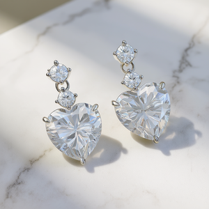 Boucles d'oreilles pendantes en or blanc E3674, cœur serti de cristaux et strass, bijoux romantiques pour femmes, mariage - Product Image 2