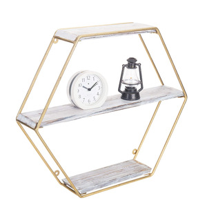 Hexagonal <b>Wall</b> Mounted <b>Shelf</b> 3 Tier Wooden With <b>Gold</b> Frame For Living Room Storage Display - Product Image 3