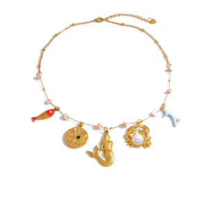 Collar de acero inoxidable con colgante de pez, concha y sirena, chapado en oro de 18 quilates, cadena para clavícula, para mujer, regalo, joyería. - Product Image 5