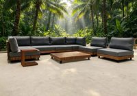 Ensemble de canapés combinés en teck pour l'extérieur avec table basse et coussins gris imperméables