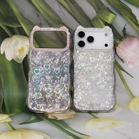 Coque de téléphone irisée en forme de cœur avec nœud, cadre d'appareil photo en strass oreilles de chat, bord ondulé transparent pour iPhone 11 12 13 15 16 17 Pro Max