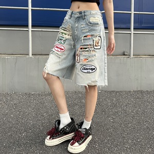 Pantalon en jean déchiré style streetwear pour femme, coupe droite ample, effet vieilli, pour homme et femme, livraison directe usine - Product Image 1