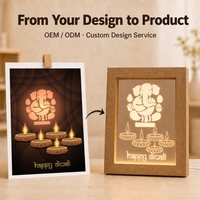 Lampe de nuit LED en acrylique personnalisée en gros, boîte à ombre en bois, alimentée par USB, lampe à huile Diya pour cadeau souvenir de fête Diwali