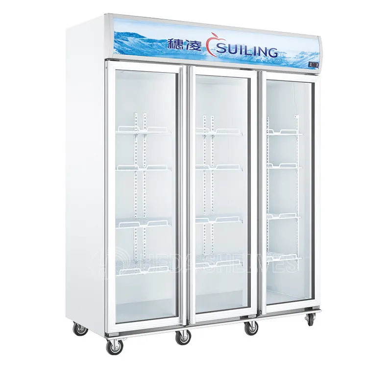 Nevera de doble puerta para bebidas, nevera para exhibición de bebidas, nevera de supermercado, congelador vertical