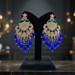 Indian Traditional Meenakari Peacock <b>Earrings</b> Gold Plated Kundan Statement Chandelier Dangle <b>Earrings</b> with <b>Blue</b> Crystal Beads - Product Image 3