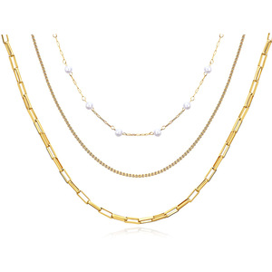 Collar de Cadena en Capas, Chapado en Oro de 18K, Acero Inoxidable, con Acento de Perla, Joyería de Moda para Mujer, Uso Diario, Diseño Geométrico BD1075 - Product Image 1