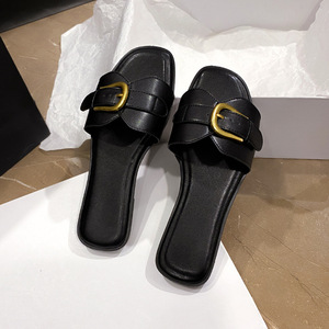 Nuevas sandalias planas de moda para mujer 2026, de verano, para exteriores, con punta cuadrada, suela suave, de una tira, con hebilla metálica para pantuflas - Product Image 6